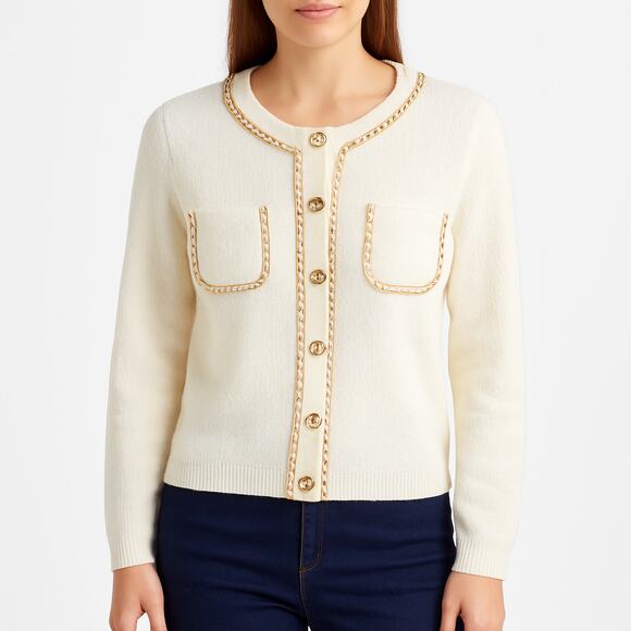 Nanette Lepore White Knit Gold Button Chain Trim Quiet Luxury Cardigan Medium - Picture 1 of 11